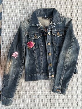 DKNY Dark Blue Denim Jacket with Pink Floral & Skull Patches